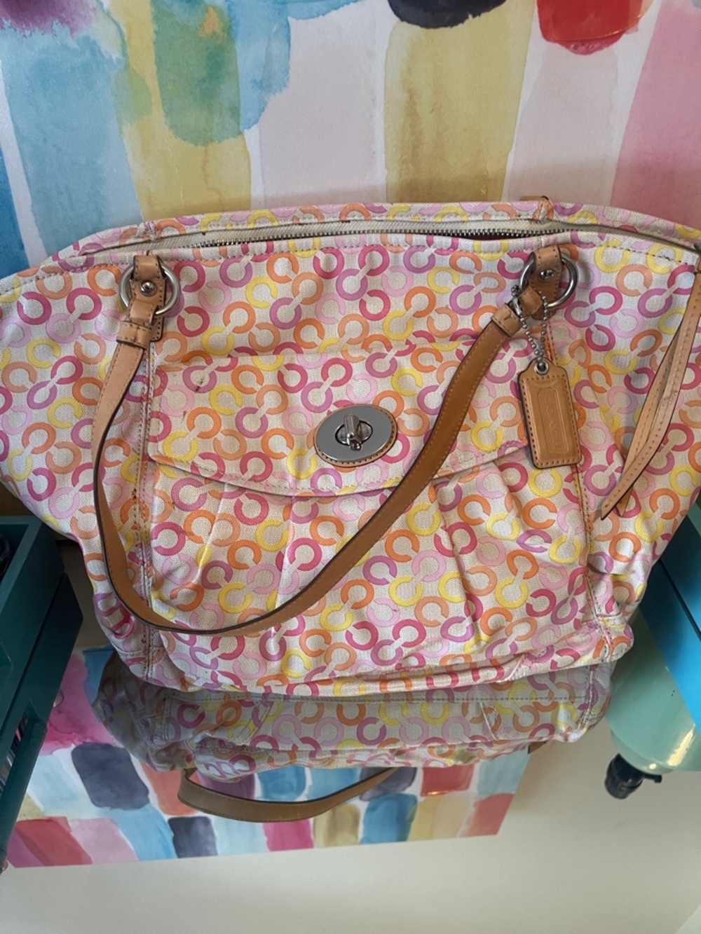 Coach Pink, Yellow & Orange Signature Canvas Tote with Tan Leather Trim